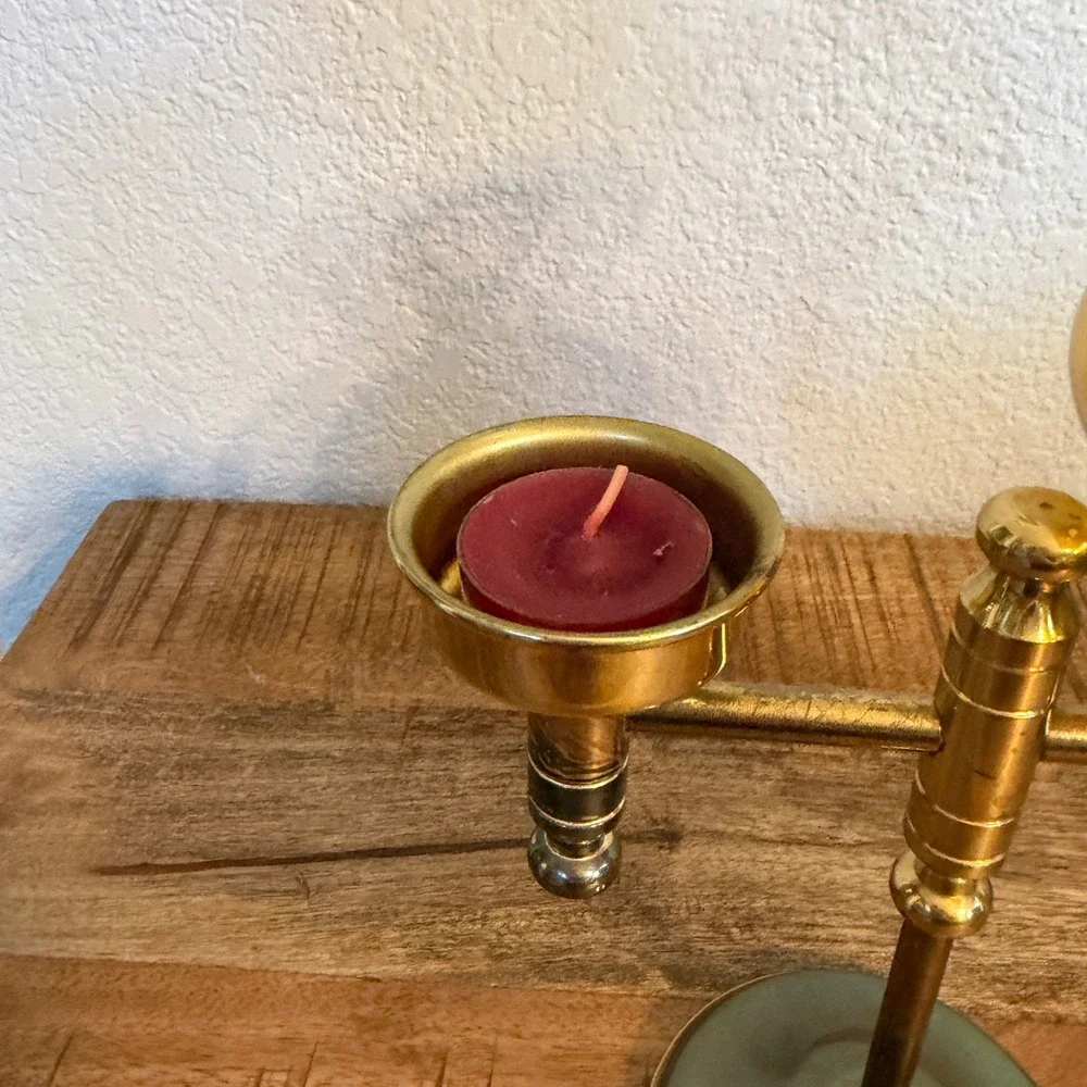 Vintage Brass Double Arm Candelabra Amber Glass Hurricane Tea Light Holder MCM